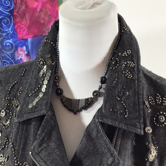 Chico’s black denim beaded moto jacket L - Picture 2 of 13